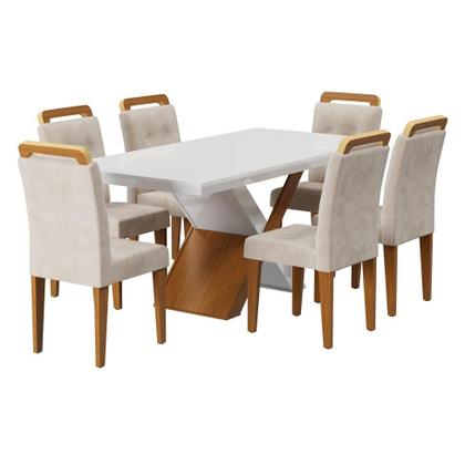 Imagem de Conjunto de Mesa de Jantar com Vidro e 6 Cadeiras Ariel Veludo Creme e Off White