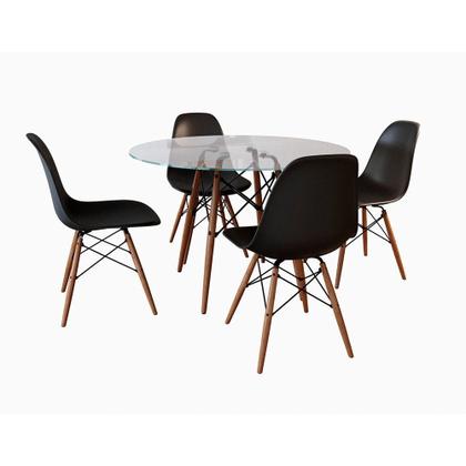 Imagem de Conjunto De Mesa De Jantar Eames Eiffel Redonda 110cm Tampo De Vidro Com 4 Cadeiras Pretas