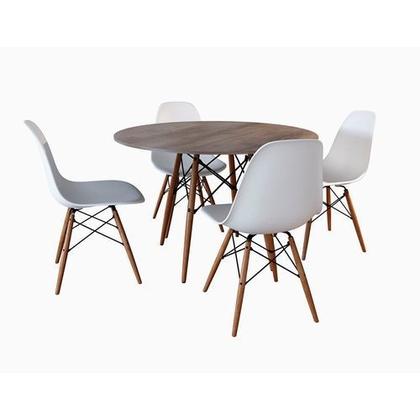 Imagem de Conjunto De Mesa De Jantar Eames Eiffel Redonda 90cm Tampo De Madeira Amêndoa Com 4 Cadeiras Brancas