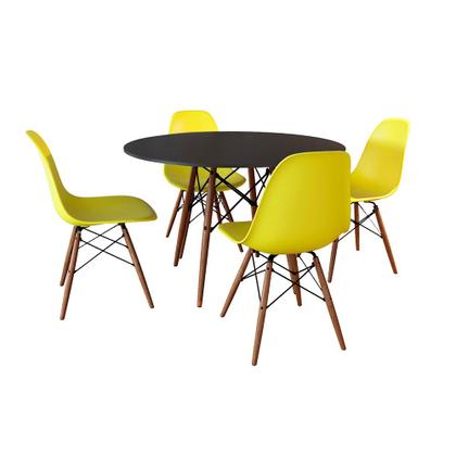 Imagem de Conjunto de Mesa de Jantar Eames Eiffel Redonda 90cm Tampo de Madeira Preto com 4 Cadeiras Amarelas