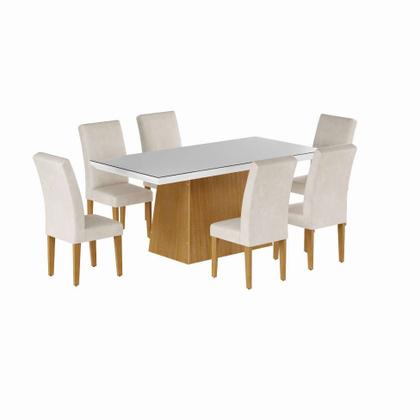 Conjunto de Mesa de Jantar Laura I com Vidro e 6 Cadeiras Grécia Veludo Creme e Off White - Mobly Imagem de Conjunto de Mesa de Jantar Laura I com Vidro e 6 Cadeiras Grécia Veludo Creme e Off White