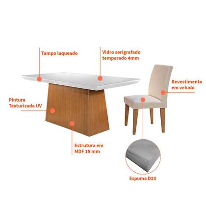 Imagem de Conjunto de Mesa de Jantar Luna I com Vidro e 6 Cadeiras Grécia Veludo Creme e Off White