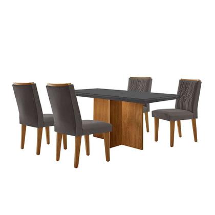 Conjunto de Mesa de Jantar Retangular com Tampo de Vidro Berlim e 4 Cadeiras Alegra Veludo Grafite e Imbuia - Modern Imagem de Conjunto de Mesa de Jantar Retangular com Tampo de Vidro Berlim e 4 Cadeiras Alegra Veludo Grafite e Imbuia