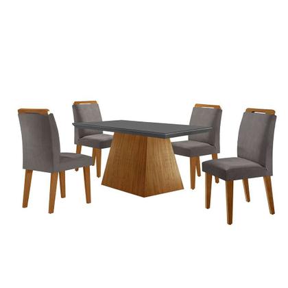 Conjunto de Mesa de Jantar Retangular com Tampo de Vidro Luna e 4 Cadeiras Athenas Veludo Grafite e Imbuia - Modern Imagem de Conjunto de Mesa de Jantar Retangular com Tampo de Vidro Luna e 4 Cadeiras Athenas Veludo Grafite e Imbuia