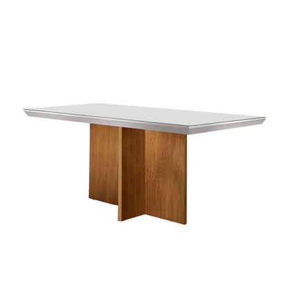 Conjunto de Mesa de Jantar Retangular com Tampo de Vidro Off White Berlim e 4 Cadeiras Alegra Linho Bege e Imbuia - Modern Imagem de Conjunto de Mesa de Jantar Retangular com Tampo de Vidro Off White Berlim e 4 Cadeiras Alegra Linho Bege e Imbuia
