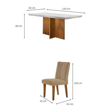 Conjunto de Mesa de Jantar Retangular com Tampo de Vidro Off White Berlim e 4 Cadeiras Alegra Linho Bege e Imbuia - Modern Imagem de Conjunto de Mesa de Jantar Retangular com Tampo de Vidro Off White Berlim e 4 Cadeiras Alegra Linho Bege e Imbuia