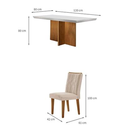 Conjunto de Mesa de Jantar Retangular com Tampo de Vidro Off White Berlim e 4 Cadeiras Alegra Veludo Creme e Imbuia - Modern Imagem de Conjunto de Mesa de Jantar Retangular com Tampo de Vidro Off White Berlim e 4 Cadeiras Alegra Veludo Creme e Imbuia