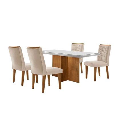 Conjunto de Mesa de Jantar Retangular com Tampo de Vidro Off White Berlim e 4 Cadeiras Alegra Veludo Creme e Imbuia - Modern Imagem de Conjunto de Mesa de Jantar Retangular com Tampo de Vidro Off White Berlim e 4 Cadeiras Alegra Veludo Creme e Imbuia