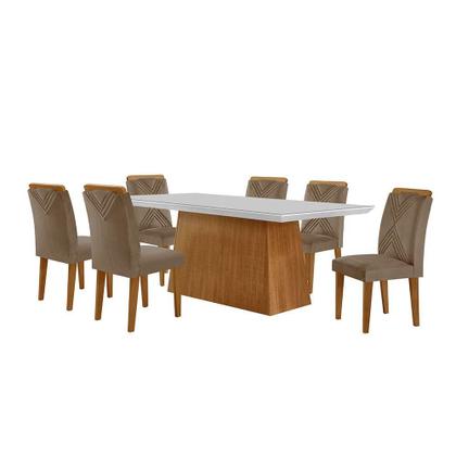 Conjunto de Mesa de Jantar Retangular com Tampo de Vidro Off White Luna e 6 Cadeiras Italia Veludo Capuccino e Imbuia - Modern Imagem de Conjunto de Mesa de Jantar Retangular com Tampo de Vidro Off White Luna e 6 Cadeiras Italia Veludo Capuccino e Imbuia