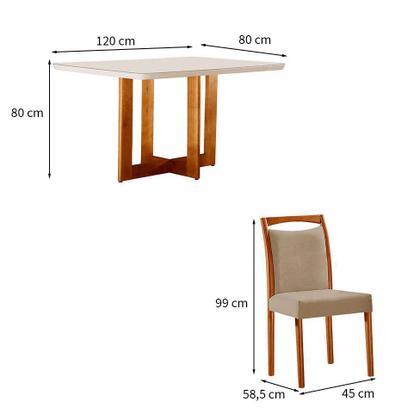 Conjunto de Mesa de Jantar Retangular com Tampo de Vidro Off White Talia e 4 Cadeiras Livia Linho Bege e Imbuia - Modern Imagem de Conjunto de Mesa de Jantar Retangular com Tampo de Vidro Off White Talia e 4 Cadeiras Livia Linho Bege e Imbuia