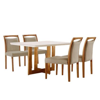 Conjunto de Mesa de Jantar Retangular com Tampo de Vidro Off White Talia e 4 Cadeiras Livia Linho Bege e Imbuia - Modern Imagem de Conjunto de Mesa de Jantar Retangular com Tampo de Vidro Off White Talia e 4 Cadeiras Livia Linho Bege e Imbuia