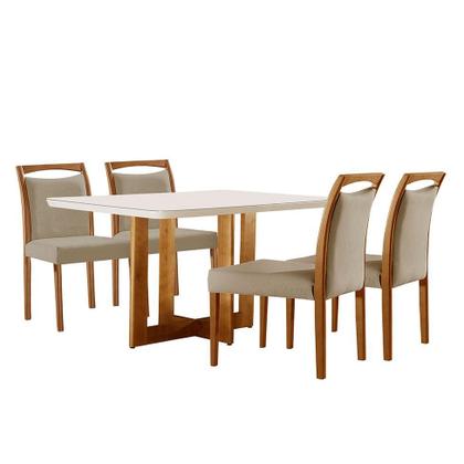Imagem de Conjunto de Mesa de Jantar Retangular com Tampo de Vidro Off White Talia e 4 Cadeiras Livia Linho Bege e Imbuia