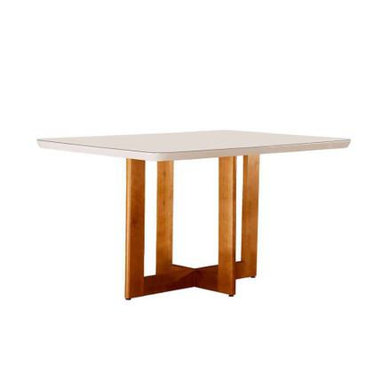 Conjunto de Mesa de Jantar Retangular com Tampo de Vidro Off White Talia e 4 Cadeiras Livia Linho Bege e Imbuia - Modern Imagem de Conjunto de Mesa de Jantar Retangular com Tampo de Vidro Off White Talia e 4 Cadeiras Livia Linho Bege e Imbuia