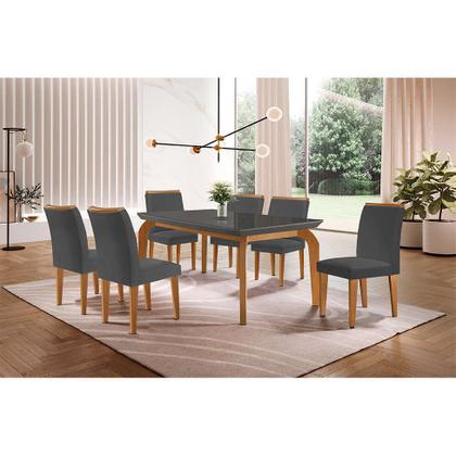 Conjunto de Mesa de Jantar Retangular com Tampo de Vidro Turquesa e 6 Cadeiras Luanda Veludo Grafite e Imbuia - Modern Imagem de Conjunto de Mesa de Jantar Retangular com Tampo de Vidro Turquesa e 6 Cadeiras Luanda Veludo Grafite e Imbuia