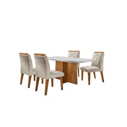 Conjunto de Mesa de Jantar Retangular com Tampo Off White Ane e 4 Cadeiras Bélgica Veludo Creme e Imbuia - Modern Imagem de Conjunto de Mesa de Jantar Retangular com Tampo Off White Ane e 4 Cadeiras Bélgica Veludo Creme e Imbuia