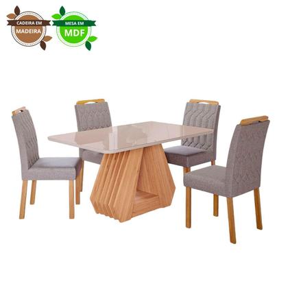 Imagem de Conjunto de Mesa de Jantar Tampo de Vidro Off White Agata e 4 Cadeiras Paola Madeira Linho Grafite e Nature 130cm