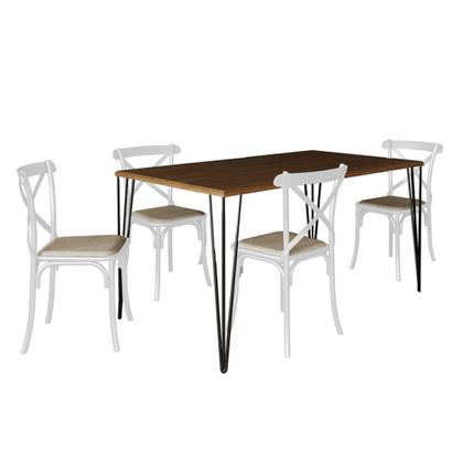 Imagem de Conjunto de Mesa Elen Retangular Tampo de Madeira 140x80cm Amêndoa com 4 Cadeiras Katrina Branca Ass