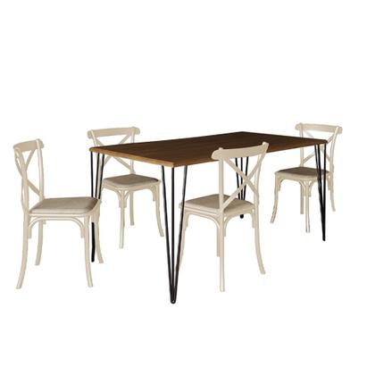 Imagem de Conjunto de Mesa Elen Retangular Tampo de Madeira 140x80cm Amêndoa com 4 Cadeiras Katrina Off White 