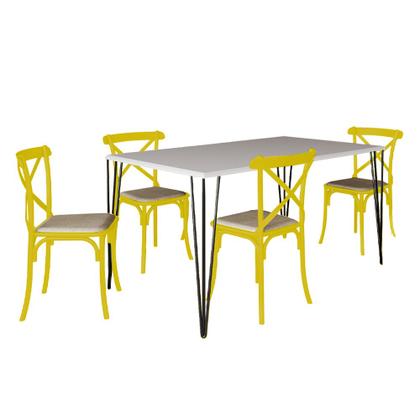 Imagem de Conjunto de Mesa Elen Retangular Tampo de Madeira 140x80cm Branco com 4 Cadeiras Katrina Amarela Ass