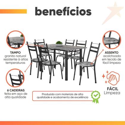 Imagem de Conjunto De Mesa Itália Com 6 Cadeiras 1,40m Artefamol Granito / Dark