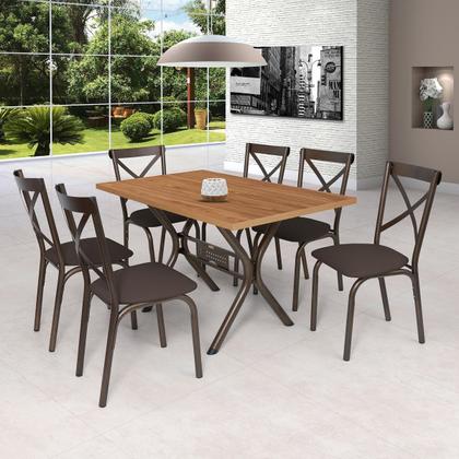 Imagem de Conjunto de Mesa Jogo Sala Janatar Ciplafe Karina x Tampo Madeira bp Amendoa 1,36m x 0,80m Retangular 6 Cadeiras Tubo Bronze Assento Estofado