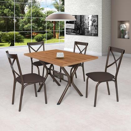 Imagem de Conjunto de Mesa Jogo Sala Jantar Ciplafe Karina x Tampo Madeira bp Amendoa 1,20m x 0,80m Retangular 4 Cadeiras Tubo Bronze Assento Estofado