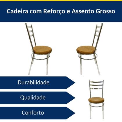 Imagem de Conjunto de Mesa Redonda com 4 Cadeiras Cromadas Reforço Assento Caramelo e Tampo de Vidro
