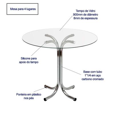 Imagem de Conjunto de Mesa Redonda com 4 Cadeiras Cromadas Reforço Assento Caramelo e Tampo de Vidro