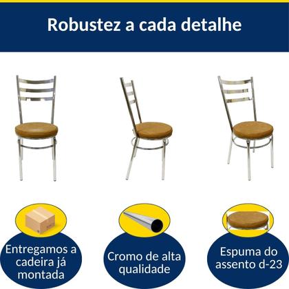 Imagem de Conjunto de Mesa Redonda com 4 Cadeiras Cromadas Reforço Assento Caramelo e Tampo de Vidro