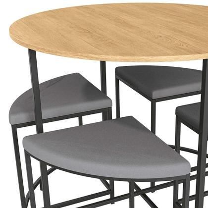 Imagem de Conjunto de Mesa Redonda Industrial com Tampo MDP Freijó e 4 Bancos Helena Suede Cinza e Preto