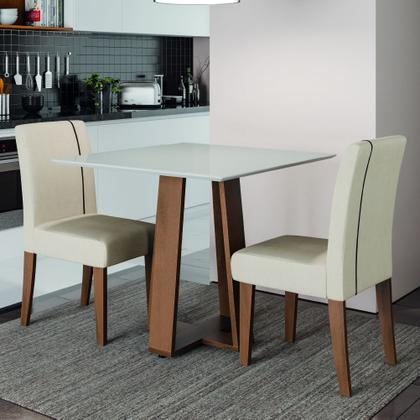 Conjunto de Mesa Sala de Jantar Atenas com 2 Cadeiras Carvalho/Off White/Bege 0,90m Quadrada Dobuê - Movale Imagem de Conjunto de Mesa Sala de Jantar Atenas com 2 Cadeiras Carvalho/Off White/Bege 0,90m Quadrada Dobuê