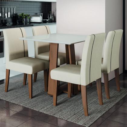 Conjunto de Mesa Sala de Jantar Atenas com 4 Cadeiras Carvalho/Off White/Bege 0,90m Dobuê - Movale Imagem de Conjunto de Mesa Sala de Jantar Atenas com 4 Cadeiras Carvalho/Off White/Bege 0,90m Dobuê