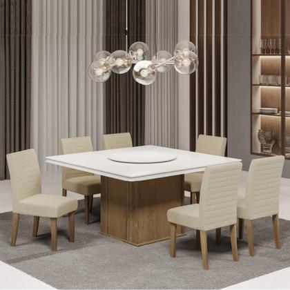 Imagem de Conjunto De Mesa Sala de Jantar Com Tampo Giratório Amesterdã 1,36m 6 Cadeiras Creta Cedro / Off White / Areia Dobuê