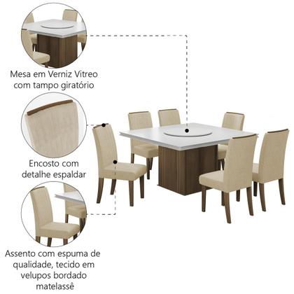 Conjunto De Mesa Sala de Jantar Com Tampo Giratório Amesterdã 1,36m 6 Cadeiras Grécia Cedro / Off White / Bege Dobuê - Movale Imagem de Conjunto De Mesa Sala de Jantar Com Tampo Giratório Amesterdã 1,36m 6 Cadeiras Grécia Cedro / Off White / Bege Dobuê