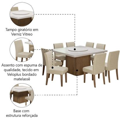 Imagem de Conjunto De Mesa Sala de Jantar Com Tampo Giratório Amesterdã 1,36m 8 Cadeiras Creta Cedro / Off White / Areia Dobuê