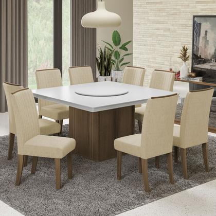 Imagem de Conjunto De Mesa Sala de Jantar Com Tampo Giratório Amesterdã 1,36m 8 Cadeiras Grécia Cedro / Off White / Bege Dobuê