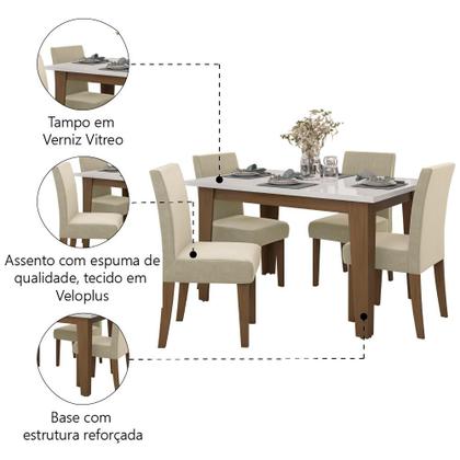 Conjunto de Mesa Sala de Jantar Miami com 4 Cadeiras Trieste Suede 1,20m Cedro / Off White / Areia Dobuê - Movale Imagem de Conjunto de Mesa Sala de Jantar Miami com 4 Cadeiras Trieste Suede 1,20m Cedro / Off White / Areia Dobuê