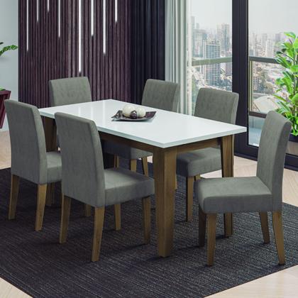 Imagem de Conjunto de Mesa Sala de Jantar Miami com 6 Cadeiras Trieste Suede 1,60m Cedro / Off White / Mascavo Dobuê