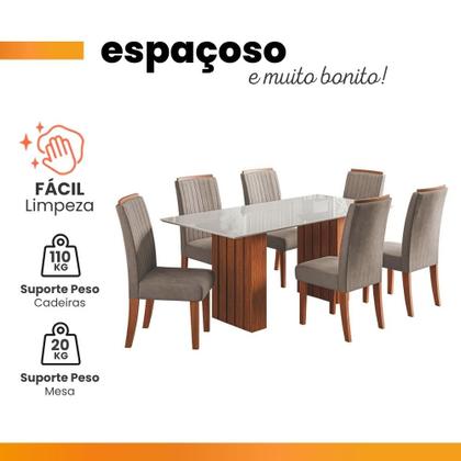 Imagem de Conjunto de Mesa Sala de Jantar Ripada Tampo com Vidro Santiago 1,80m 6 Cadeiras Grécia Dobuê