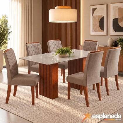 Imagem de Conjunto de Mesa Sala de Jantar Ripada Tampo com Vidro Santiago 1,80m 6 Cadeiras Grécia Dobuê