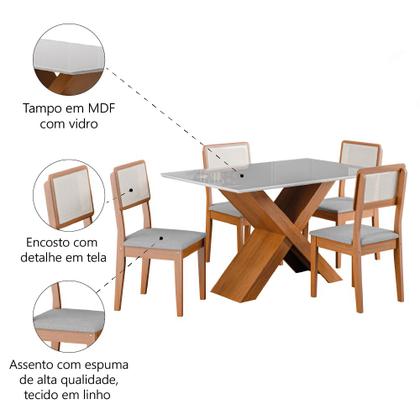 Imagem de Conjunto de Mesa Sala de Jantar Tampo com Vidro 1,36m Grécia 4 Cadeiras Santiago Dobuê