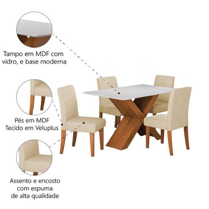 Imagem de Conjunto de Mesa Sala de Jantar Tampo com Vidro 1,36m Grécia 4 Cadeiras Trieste Dobuê