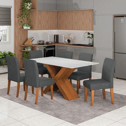 Imagem de Conjunto De Mesa Sala De Jantar Tampo Com Vidro 1,60m Grécia 6 Cadeiras Trieste Dobuê Madeirado/grafite