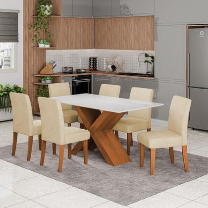 Imagem de Conjunto de Mesa Sala de Jantar Tampo com Vidro 1,60m Grécia 6 Cadeiras Trieste Dobuê