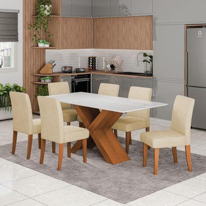 Imagem de Conjunto De Mesa Sala De Jantar Tampo Com Vidro 1,80m Grécia 6 Cadeiras Dobuê Madeirado / Bege