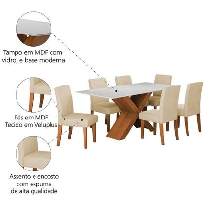 Imagem de Conjunto De Mesa Sala De Jantar Tampo Com Vidro 1,80m Grécia 6 Cadeiras Dobuê Madeirado / Bege