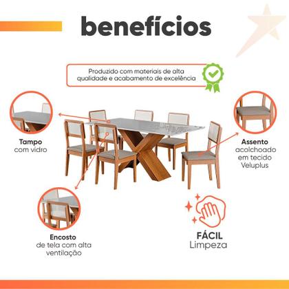 Imagem de Conjunto de Mesa Sala de Jantar Tampo com Vidro 1,80m Grécia 6 Cadeiras Santiago Dobuê