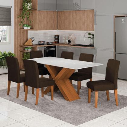 Imagem de Conjunto De Mesa Sala De Jantar Tampo Com Vidro 1,80m Grécia 6 Cadeiras Trieste Dobuê Madeirado/chocolate