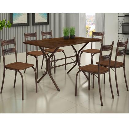 Imagem de Conjunto de Mesa Teixeira Macaé Cabo Frio com 6 cadeiras com encosto em Ratam tampo em pedra Marrom Madeirado