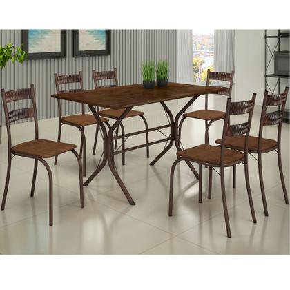 Imagem de Conjunto de Mesa Teixeira Macaé Cabo Frio com 6 cadeiras com encosto em Ratam tampo em pedra Marrom Madeirado